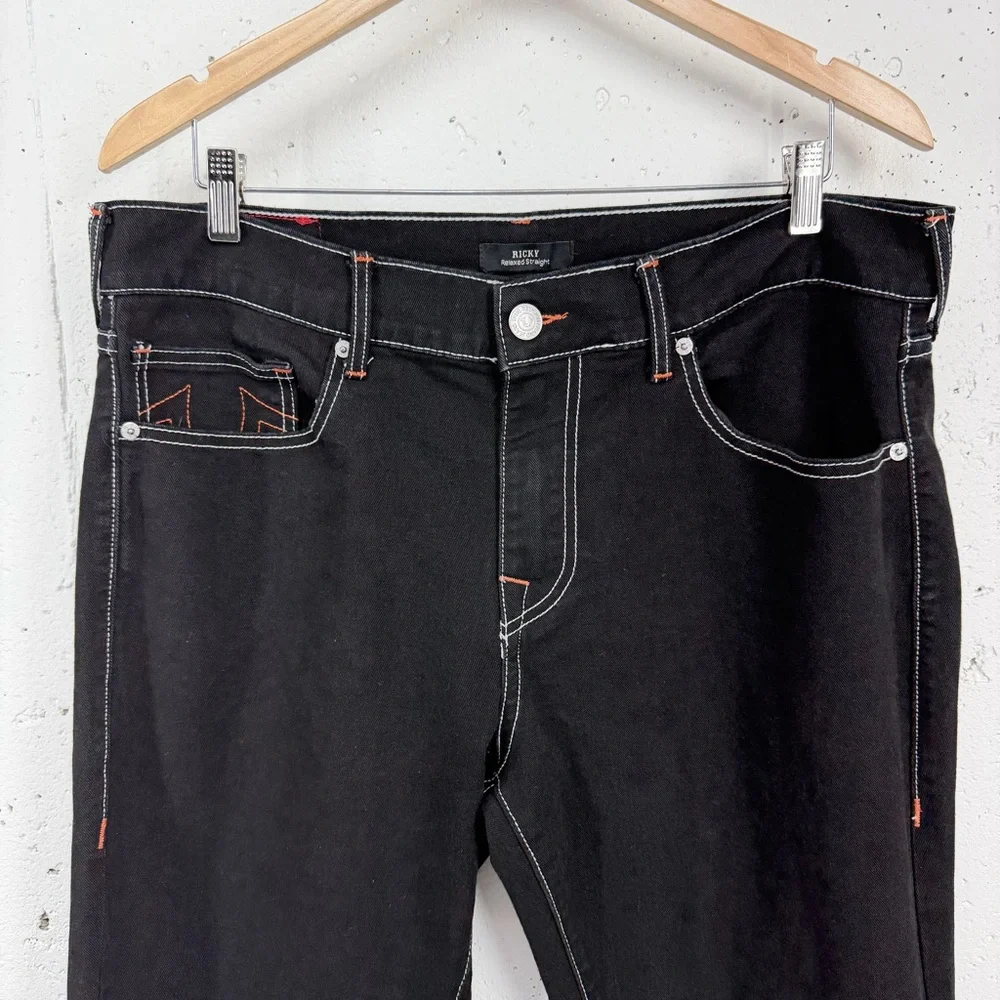 True Religion 34 x 32.5 Ricky Black Single Stitch Straight Leg Jeans